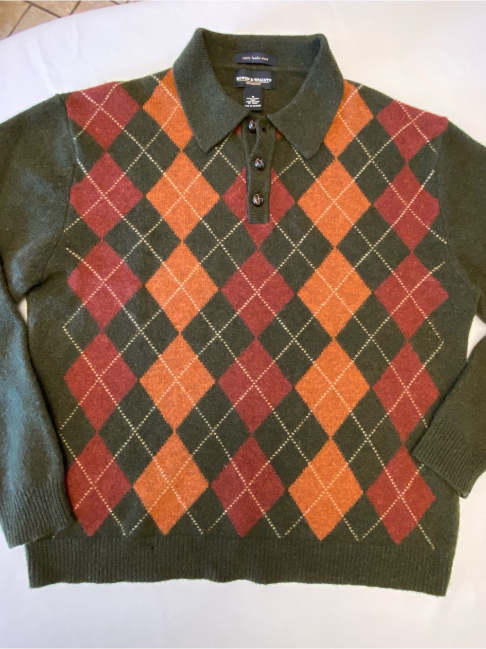 Men Olive Green Argyle Polo Sweater Rust Orange Bowen & Wright 100% Lambs Wool M
